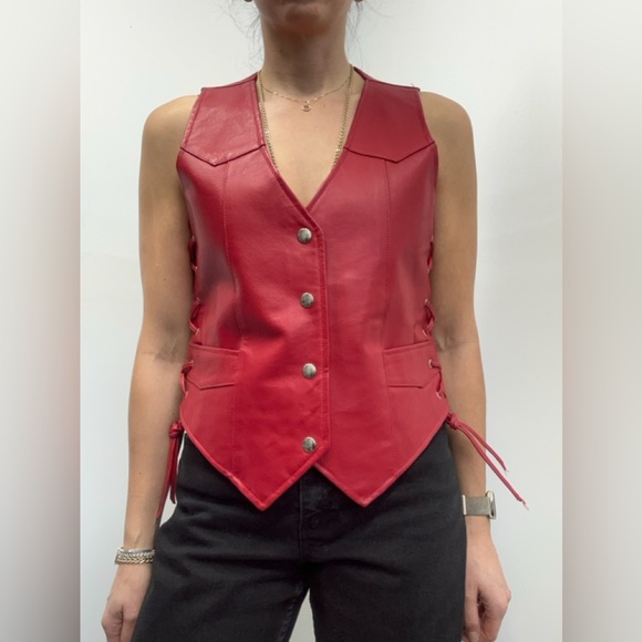 Vintage 90s Red Lace Up Leather Biker Vest Snap Front Size M - Picture 3 of 14